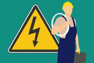 Illustration of an electrician holding cable and a toolbox beside an electrical hazard warning sign