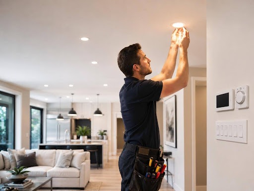 Electrician installing energy-efficient recessed lighting and modern controls in a residential interior.