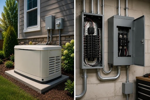 Standby generator installed beside a home with electrical panels and transfer switch equipment.