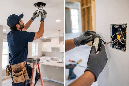 Electrician installing a recessed ceiling light and connecting a wall switch as part of a home electrical remodeling project.