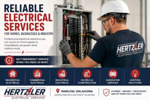 Professional electrical services in Marlow, OK showing a licensed electrician working on an electrical panel for residential, commercial, and industrial needs.